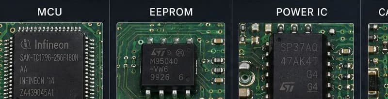 Macro detail of the microcontroller, EEPROM and power IC on a control module board