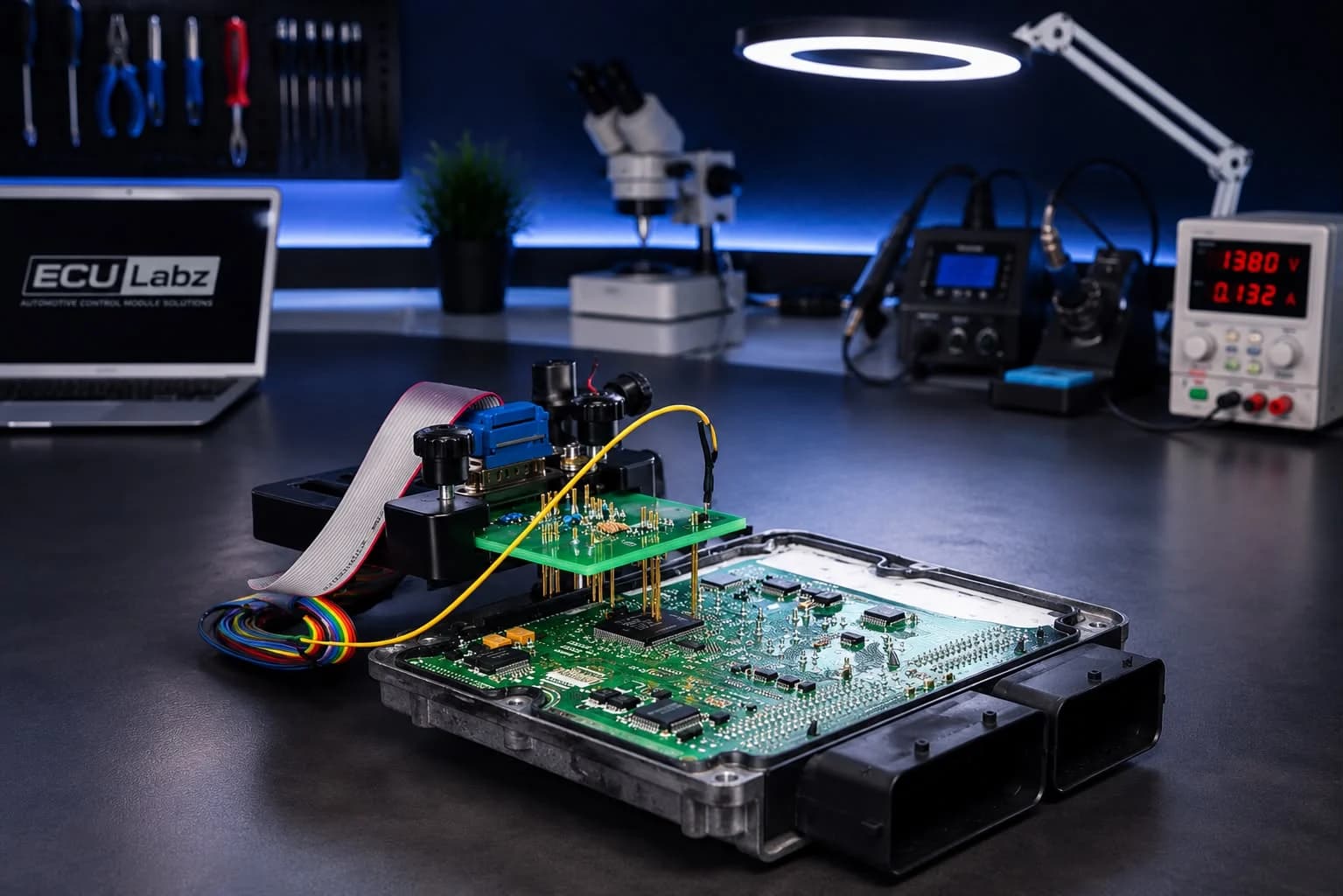An engine control module opened on the ECU Labz bench with a programming adapter seated on its board, beside the bench supply and soldering station