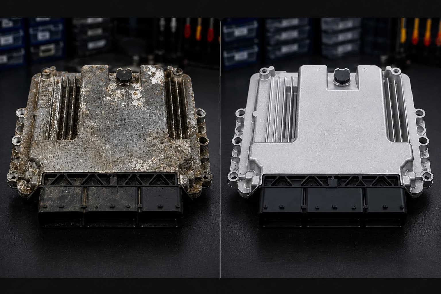 The same control module housing before and after refurbishment, corroded alongside cleaned